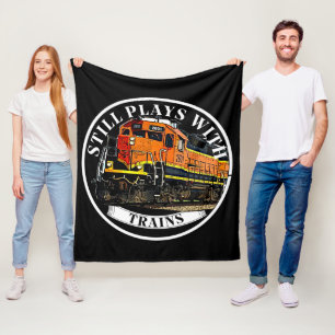 Still Plays with Trains Orange Black Diesel Train Fleece Blanket