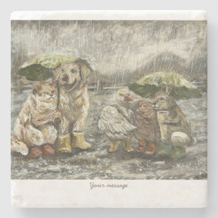 Still Together Whimsical Farmhouse Animals Rainy  Stone Coaster