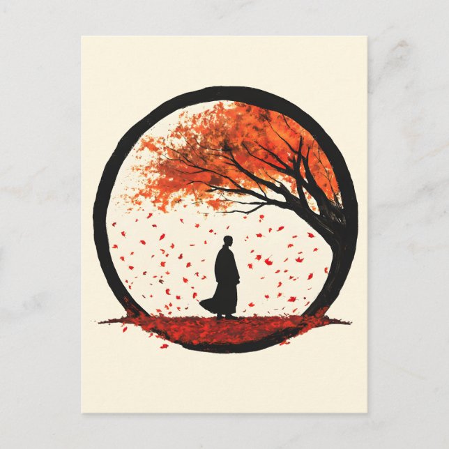 Stillness Zen Circle Autumn Falling Leaves Holiday Postcard (Front)