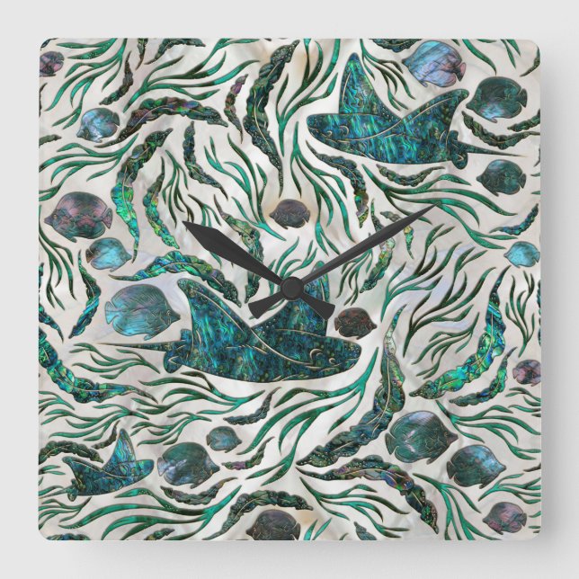 Stingray and Scat fish pattern Abalone Square Wall Clock (Front)