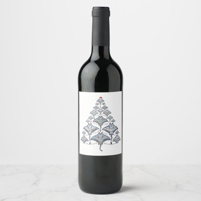 Stingray Christmas Tree Santa Hat Christmas Lights Wine Label (Front)