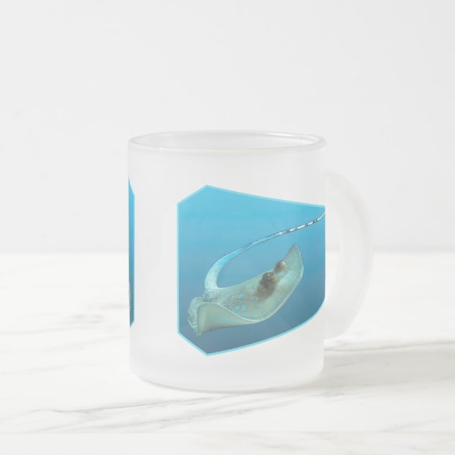 Stingray moving! Design gradient blue background | Frosted Glass Coffee Mug (Front Right)