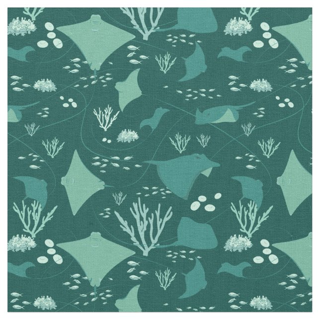 Stingrays Manta Rays Blue Underwater Pattern Fabric (Close Up)