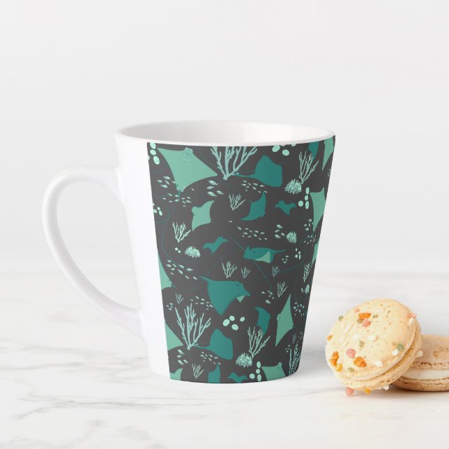 Stingrays Ocean Reef Pattern on Grey Latte Mug (In Situ)