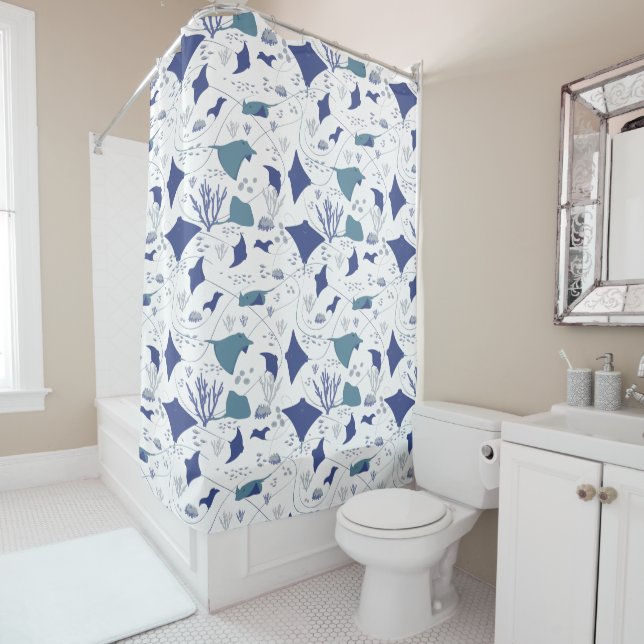 Stingrays Underwater World Blue and White Shower Curtain (In Situ)