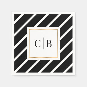 Stiped Black White Gold Frame Monogram Wedding Napkin