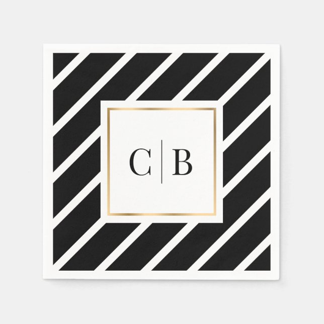 Stiped Black White Gold Frame Monogram Wedding Napkin (Front)