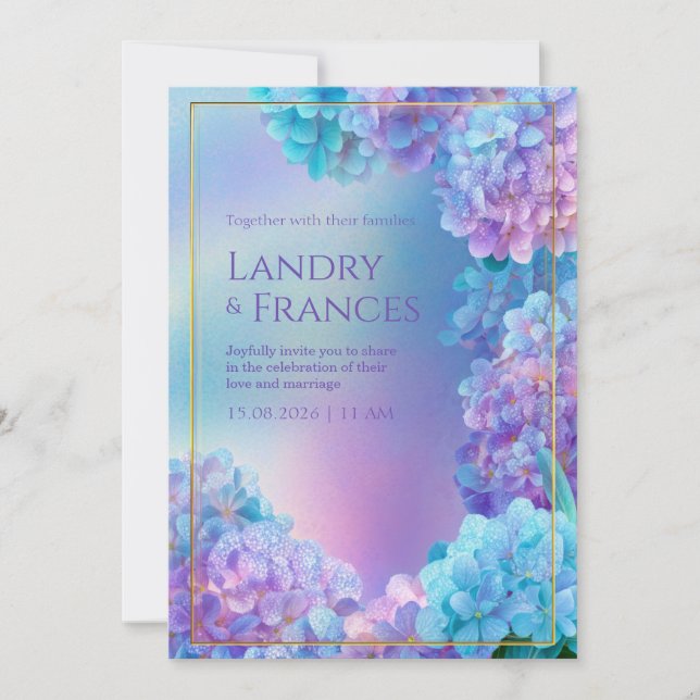 Stippled Lavender Hydrangea Watercolor Gold Frame Invitation (Front)