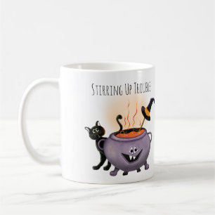Stirring Up Trouble Black Cat & Witch Halloween Coffee Mug