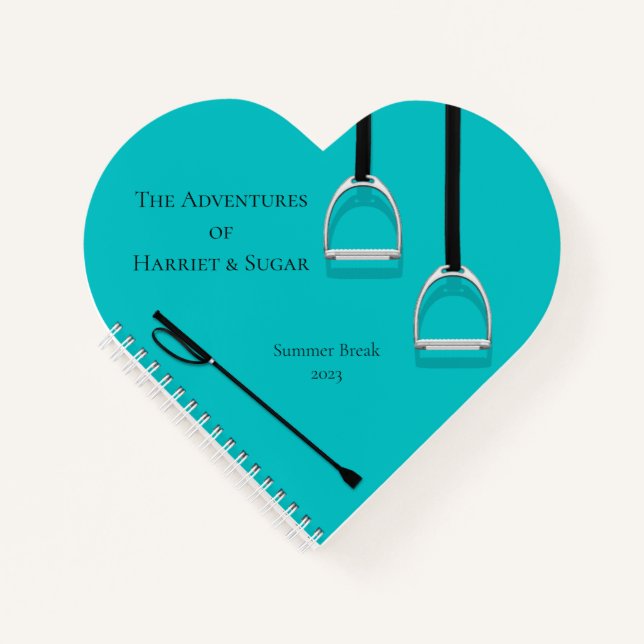 Stirrup Irons & Riding Crop Aqua Equestrian Heart Notebook (Front)