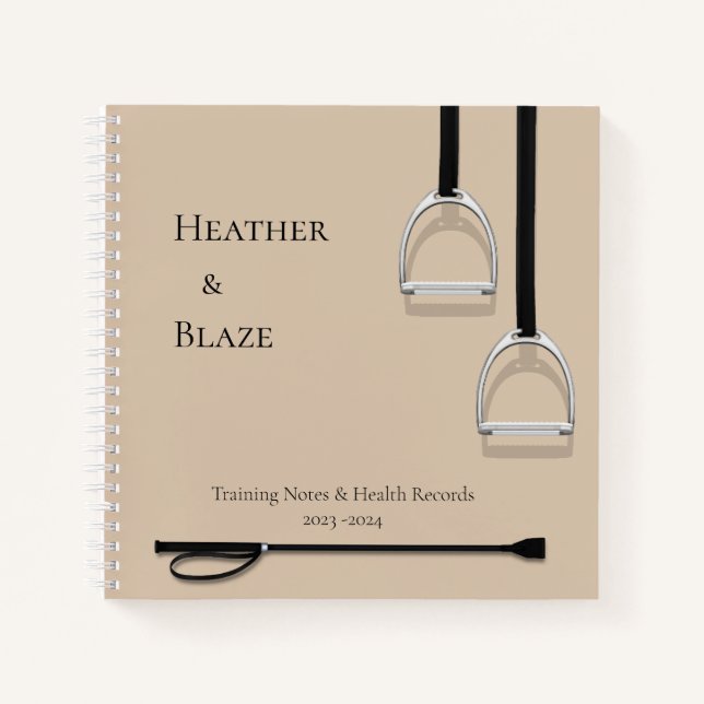Stirrup Irons & Riding Crop Latte Brown Equestrian Notebook (Front)