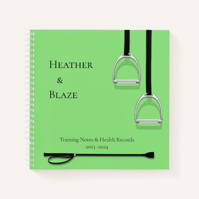 Stirrup Irons & Riding Crop Lime Square Equestrian Notebook (Front)