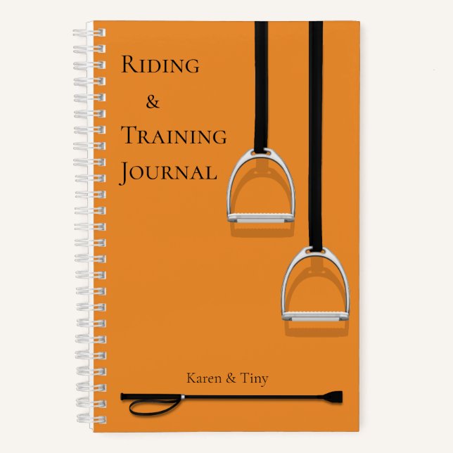 Stirrup Irons & Riding Crop Orange Equestrian Notebook (Front)