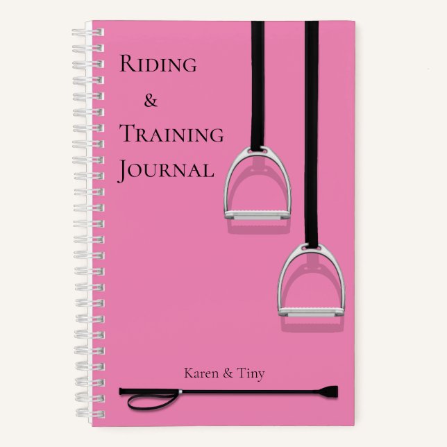 Stirrup Irons & Riding Crop Pink Medium Equestrian Notebook (Front)