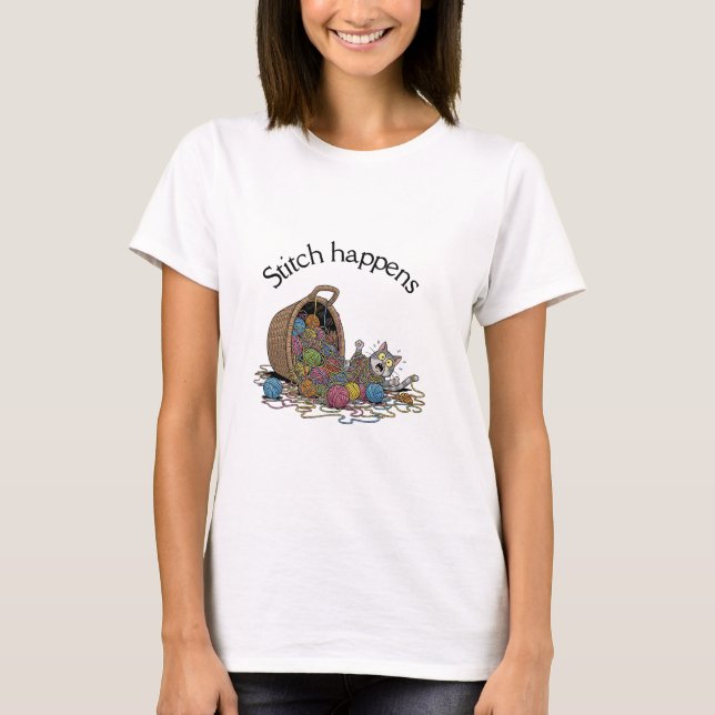 Stitch Happens - Funny Cat & Yarn Crochet T-Shirt (Front)