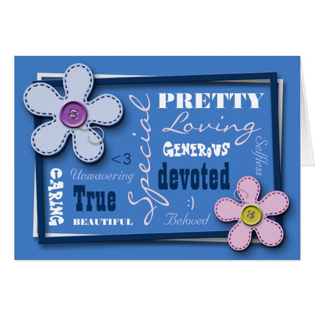 Stitched Flowers Blue Love & Appreciation Card (Front Horizontal)