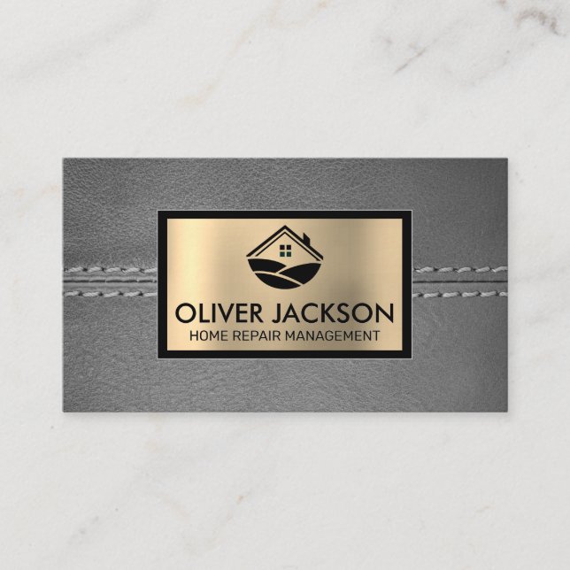 Stitched Grey Leather | Gold Metallic | Home Icon Business Card (Front)