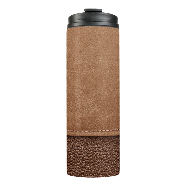 Stitched leather: grey, black background. thermal tumbler (Front)