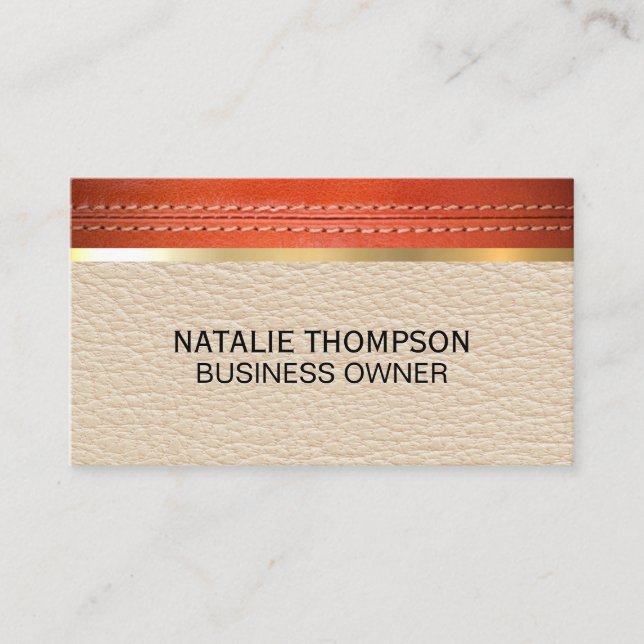 Stitched Leather | Leather Gold Metallic Trim Business Card (Front)