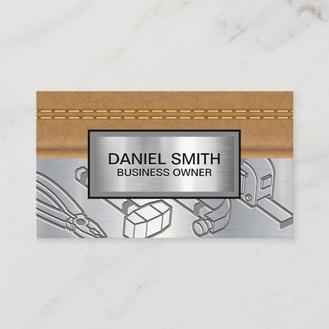 Stitched Leather | Metallic Hardware Tools Business Card (Front)