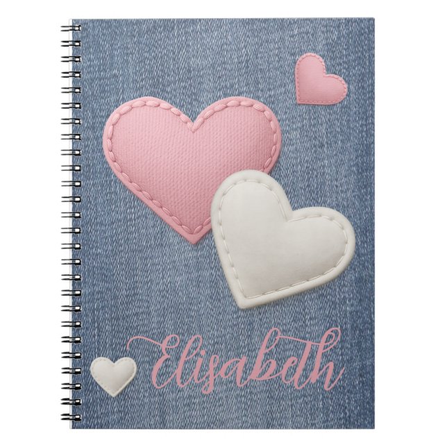 Stitched Pink & White Hearts your Name on Denim Notebook (Front)