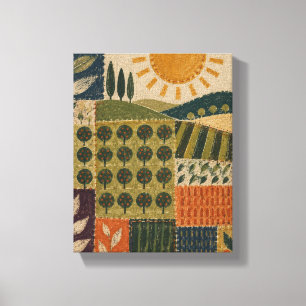Stitched Sun over the Orchard Grid   Folk Abstract Canvas Print