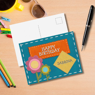 Stitched Teal Fabric Flower Happy Birthday Postcard