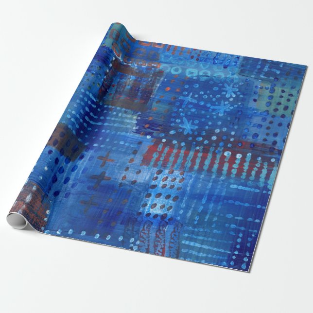 Stitching Patchwork Blue Indigo Sashiko Boro Art Wrapping Paper (Unrolled)