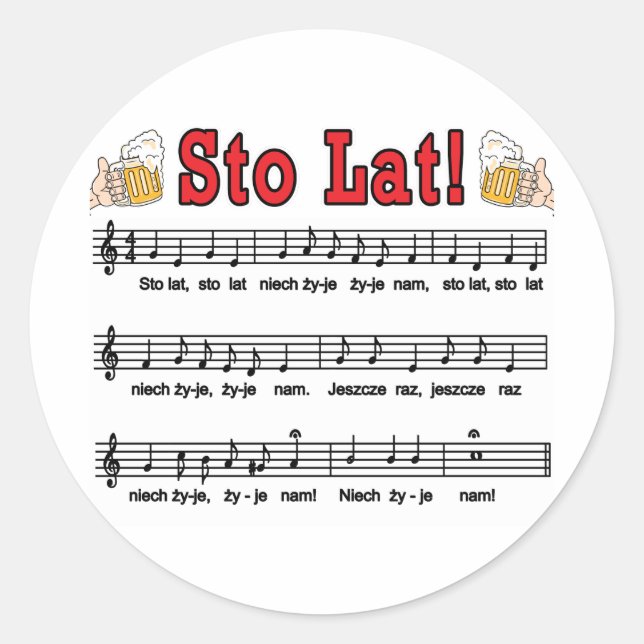 Sto Lat! Song With Beer Mugs Classic Round Sticker (Front)