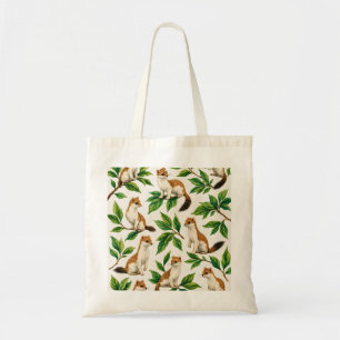 Stoats and Green Leaf Branches Woodland Pattern Tote Bag