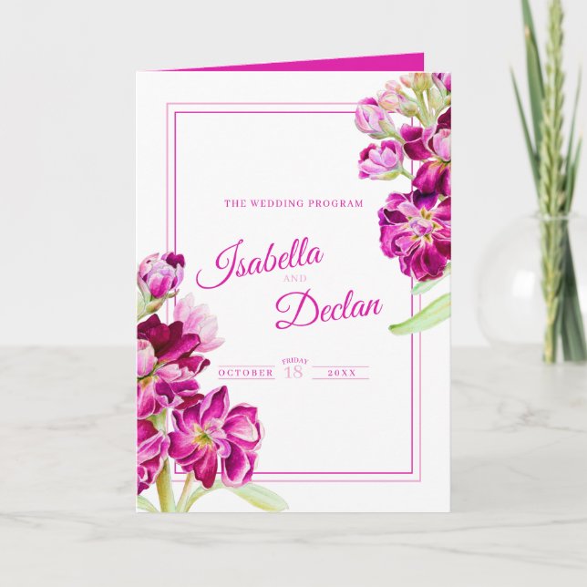 Stock flowers dark pink watercolor wedding program programme (Front)