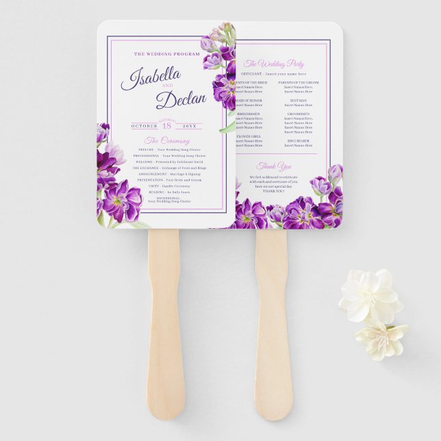Stock flowers purple watercolor wedding program ha hand fan (Front and Back)