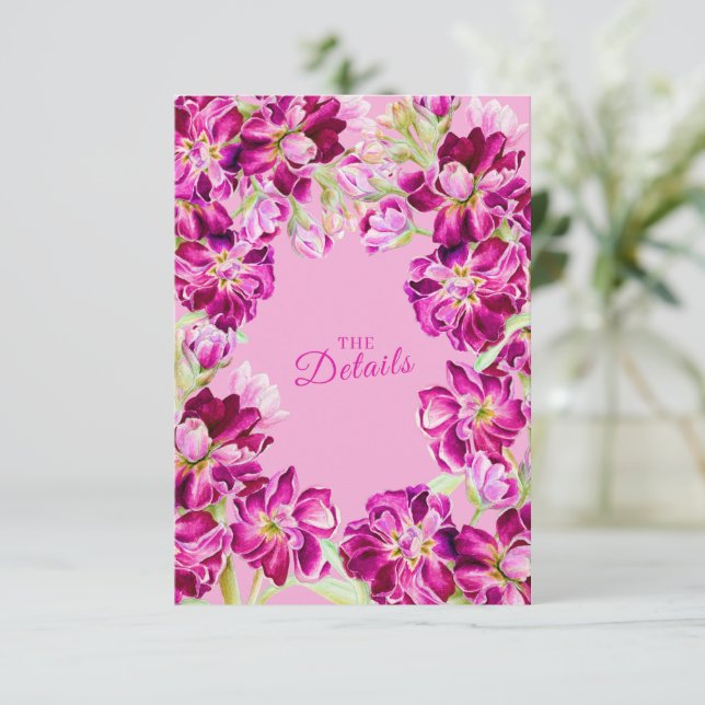 Stock pink floral wedding details with QR code Enclosure Card (Standing Front)