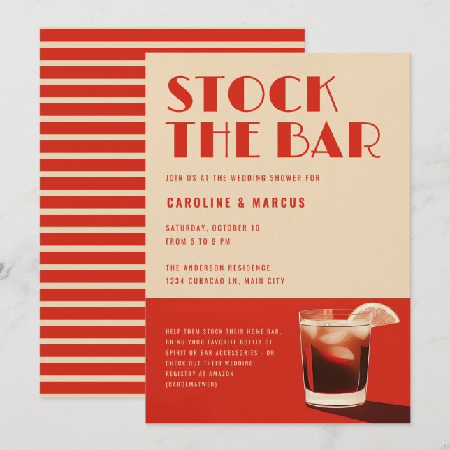 Stock The Bar Bold Retro Cocktail Wedding Shower Invitation (Front/Back)