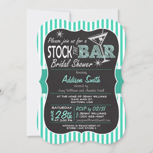 Stock the Bar Bridal Shower; Aqua Stripes Invitation (Front)
