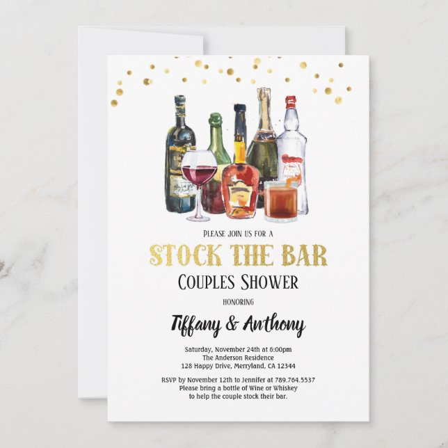 Stock The Bar Couples Shower White & Gold Invitation (Front)