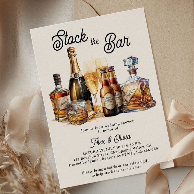 Stock the Bar Couples Wedding Shower Invitation (Rustic Stock the Bar Wedding Shower Invitation with Beer Champagne and Whiskey)