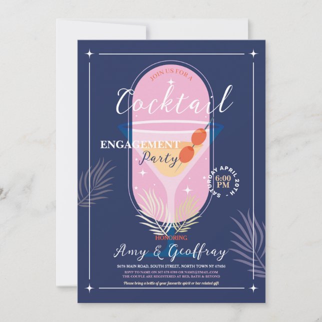 Stock The Bar Engagement Cocktail Party Navy Invitation (Front)