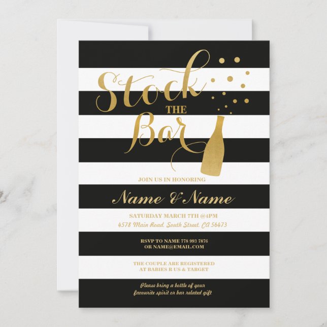 Stock The Bar Engagement Party Stripe Gold Invite (Front)