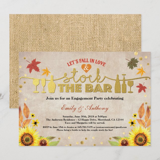 Stock the bar engagement party sunflower invitation (Front/Back)