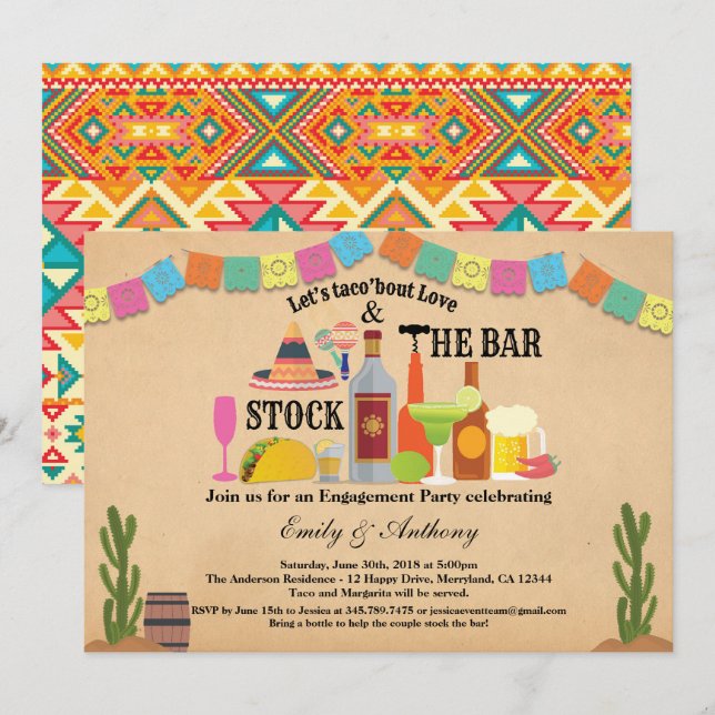 Stock the bar engagement party Taco Fiesta Invitation (Front/Back)