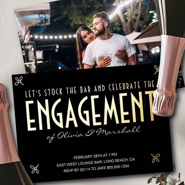 Stock the Bar Engagement Party Typographic Gold (Gold Foil Engagement Photo Invite from theEngagement Party Invitations collection by Darling & May)