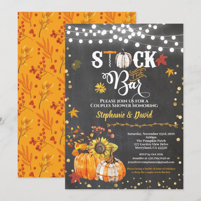 Stock the bar fall pumpkin chalkboard housewarming invitation (Front/Back)