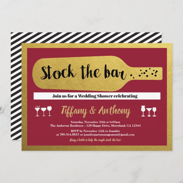 Stock the bar invitation burgundy and gold (Front/Back)
