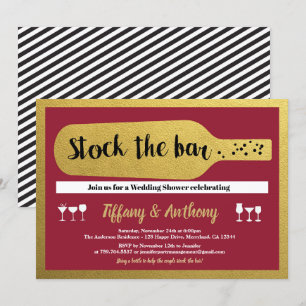Stock the bar invitation burgundy and gold
