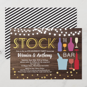 Stock the bar invitation engagement wood & gold
