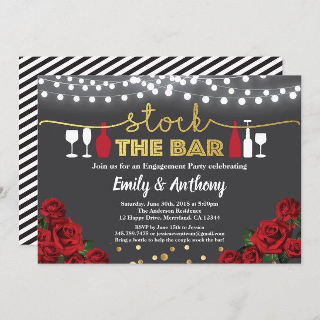 Stock the bar invitation Red black and gold white (Front/Back)