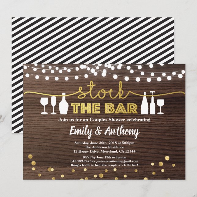 Stock the bar invitation rustic wood & faux gold (Front/Back)