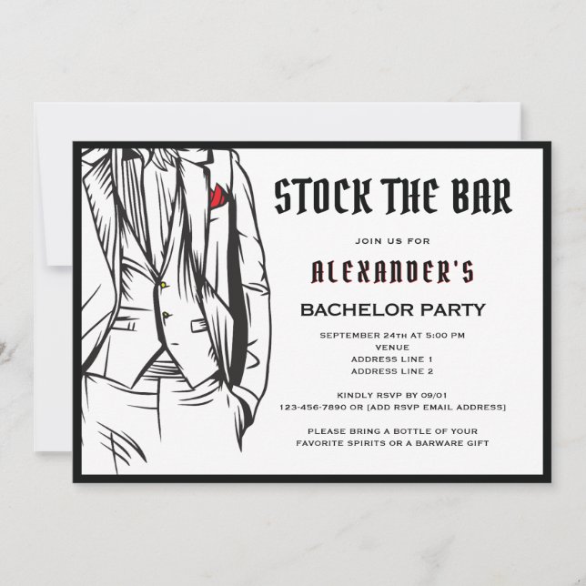 Stock the Bar Modern Black Tuxedo Bachelor Party Invitation (Front)