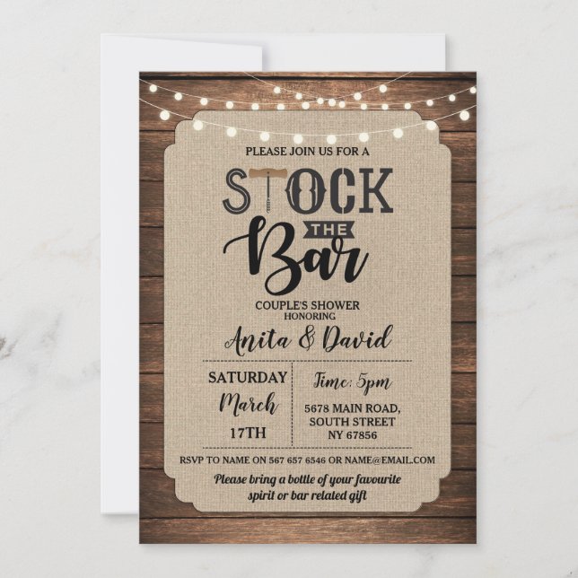Stock The Bar Party Couple's Shower Burlap Wood Invitation (Front)